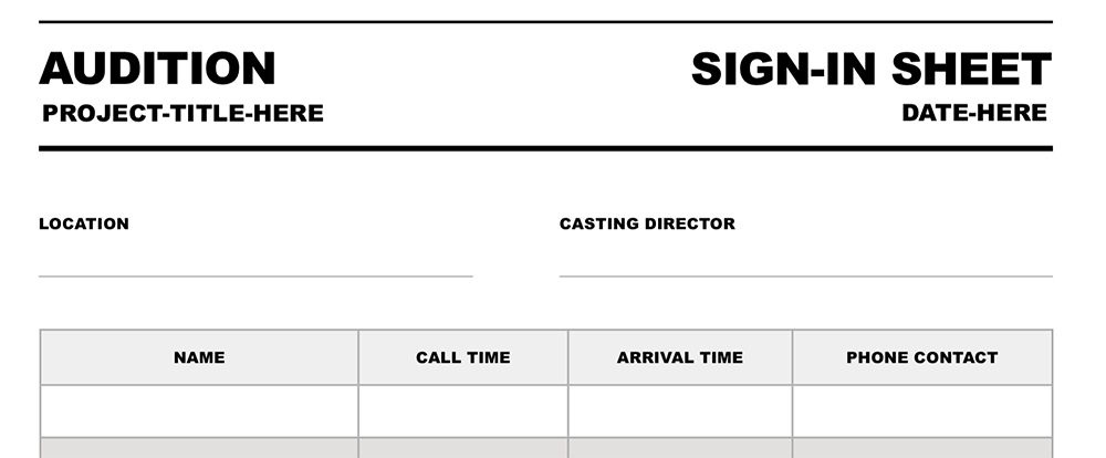 Free Audition Sign-In Sheet for Film and Video Productions