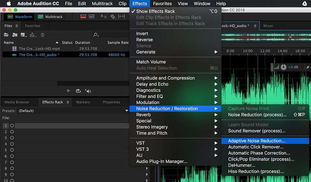 5 Tips for Cleaning Up Audio in Audition: Adaptive Noise Reduction Effects Menu