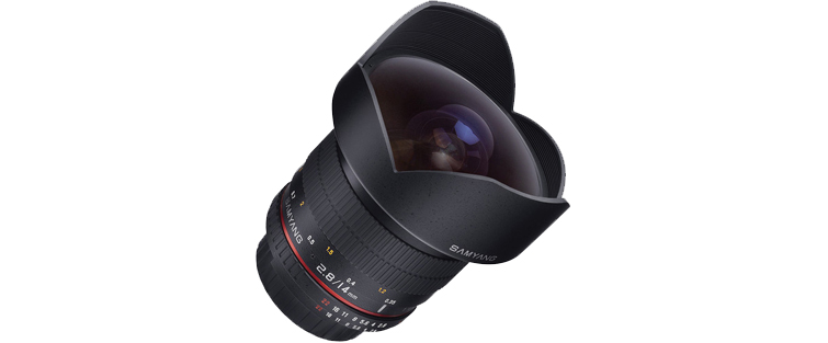 An example of a wide-angle lens from Samyang on a white background.