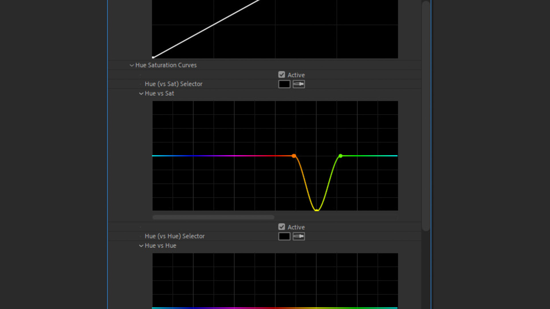 Скриншот настройки кривой Hue vs Sat в Lumetri Color